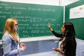 MatheHelpdesk Zwei Personen stehen vor einer Tafel, auf die mit Kreide Formeln geschrieben sind. Die Person rechts zeigt mit dem Arm auf die Tafel und spricht. Die Person links sieht die Person rechts an.